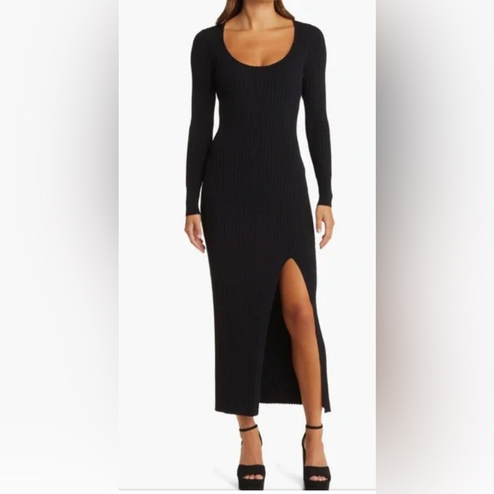 Open Edit Scoop Neck Long Sleeve Rib Sweater Dress